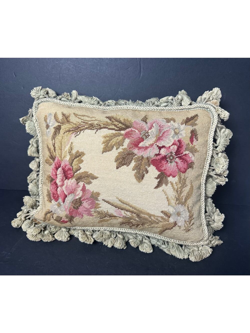 vintage charm Needlepoint Petit point Pillow velvet roses floral fringe tassels